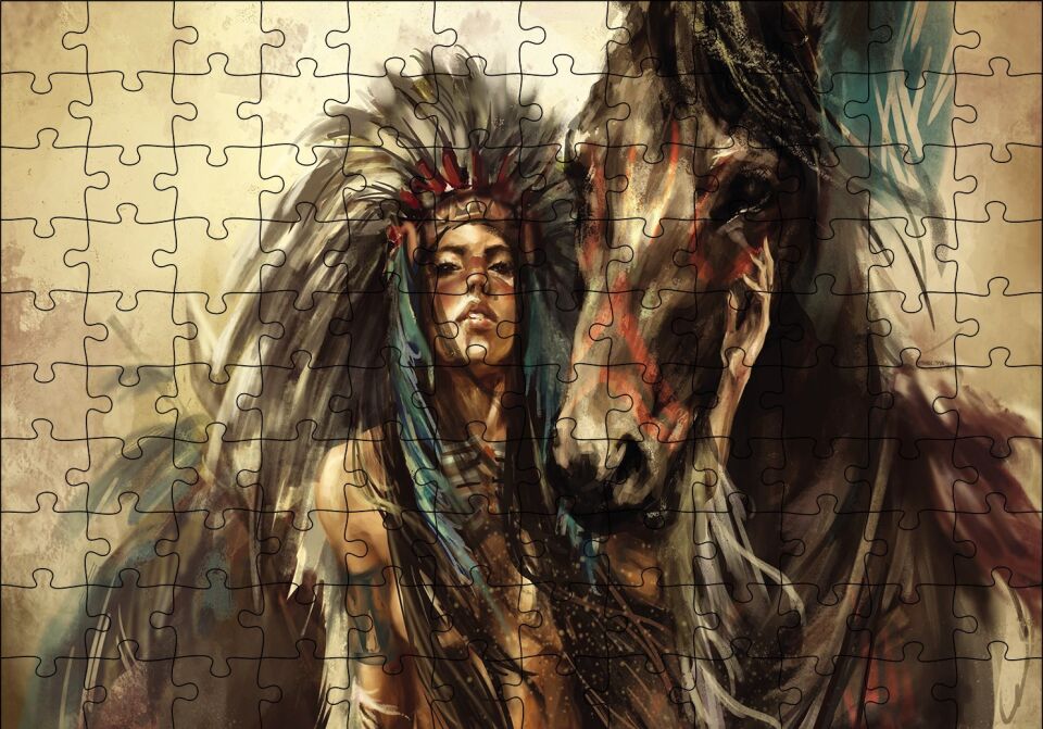 Yağlı Boya At Kızılderili Kadın Puzzle Yapboz MDF Ahşap