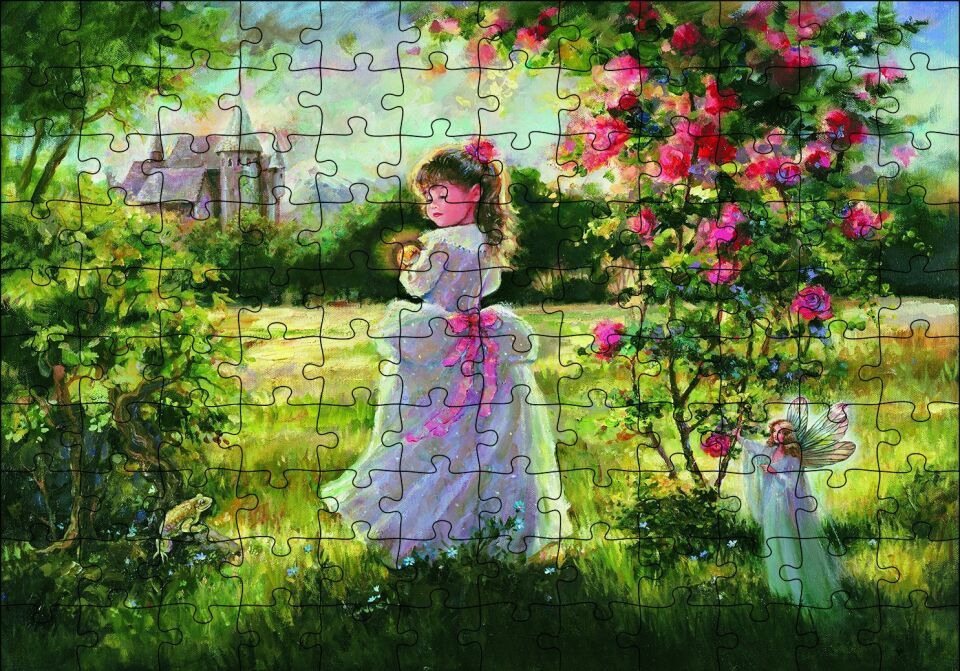 Küçük Kız, Peri ve Şato Yağlı Boya Puzzle Yapboz MDF Ahşap 120 Parça 24 cm X 34 cm