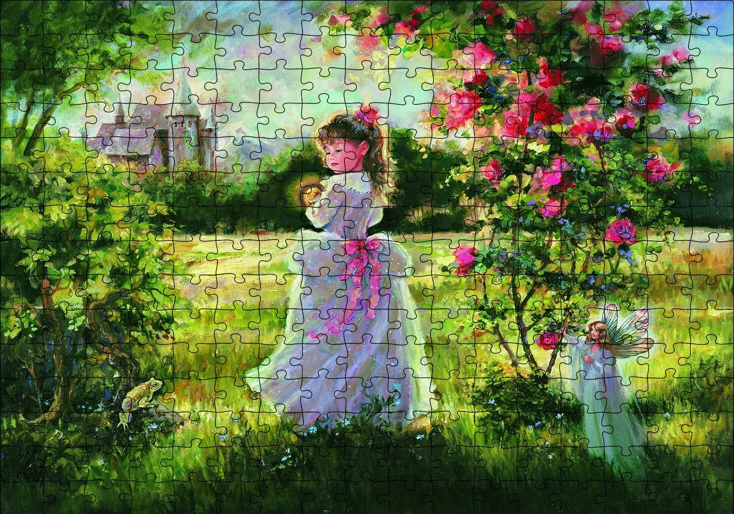 Küçük Kız, Peri ve Şato Yağlı Boya Puzzle Yapboz MDF Ahşap 255 Parça 34 cm X 49 cm