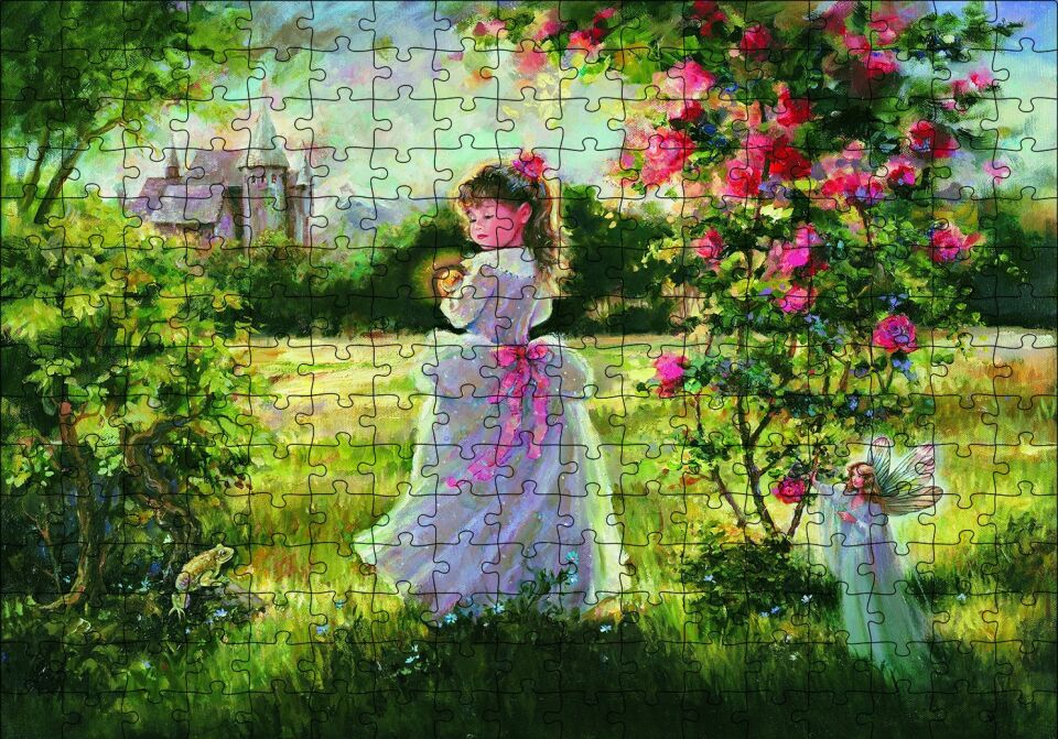 Küçük Kız, Peri ve Şato Yağlı Boya Puzzle Yapboz MDF Ahşap 255 Parça 34 cm X 49 cm
