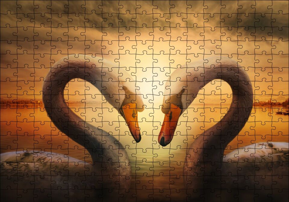 Günbatımı Göl Kuğular Kalp Puzzle Yapboz MDF Ahşap 255 Parça 34 cm X 49 cm
