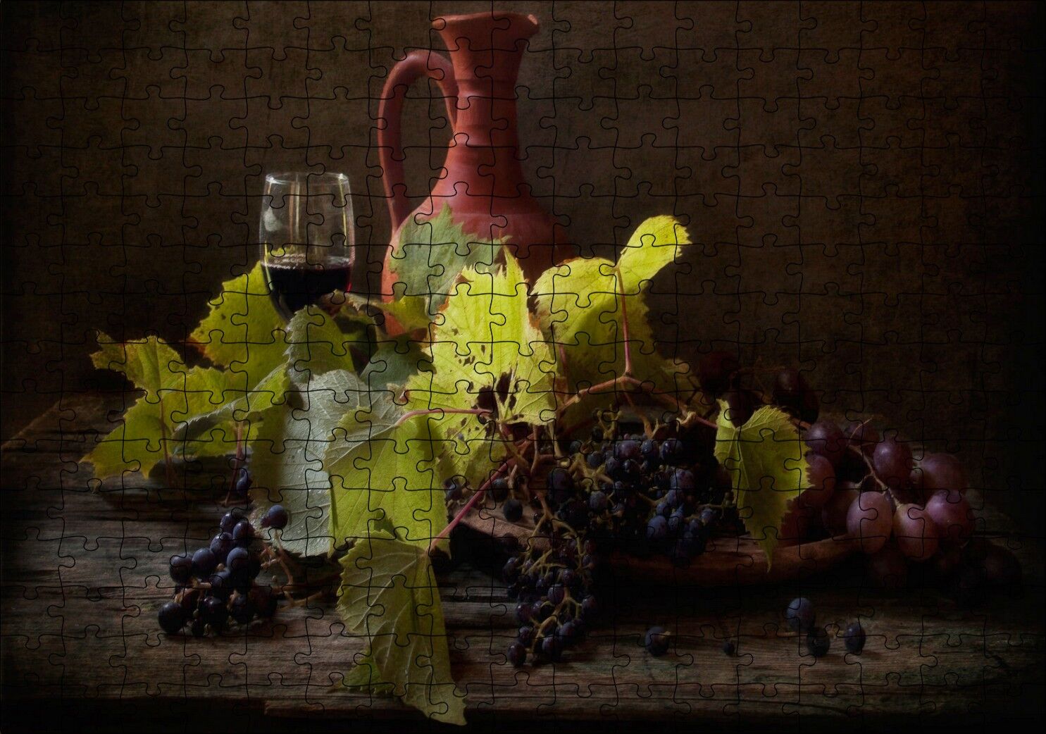 Üzüm ve Şarap Sürahi Görseli Puzzle Yapboz MDF Ahşap 255 Parça 34 cm X 49 cm
