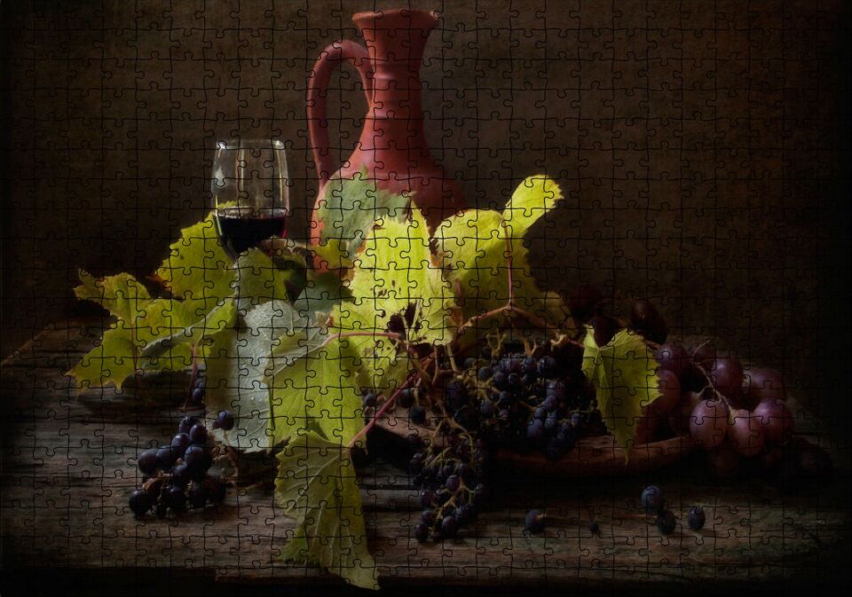 Üzüm ve Şarap Sürahi Görseli Puzzle Yapboz MDF Ahşap 500 Parça 49 cm X 68 cm