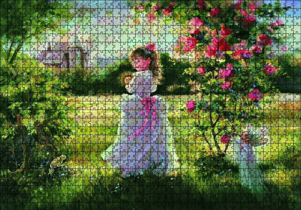 Küçük Kız, Peri ve Şato Yağlı Boya Puzzle Yapboz MDF Ahşap 1000 Parça 49 cm X 68 cm