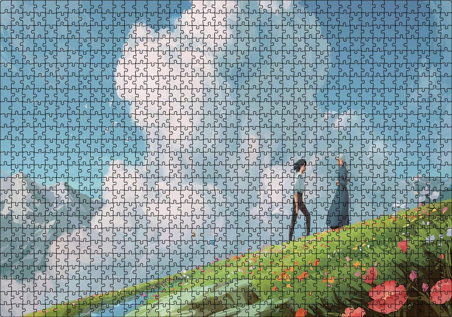 Howls Moving Castle Aşıklar Çiçekler Bulut Görseli Puzzle Yapboz MDF Ahşap 1000 Parça 49 cm X 68 cm