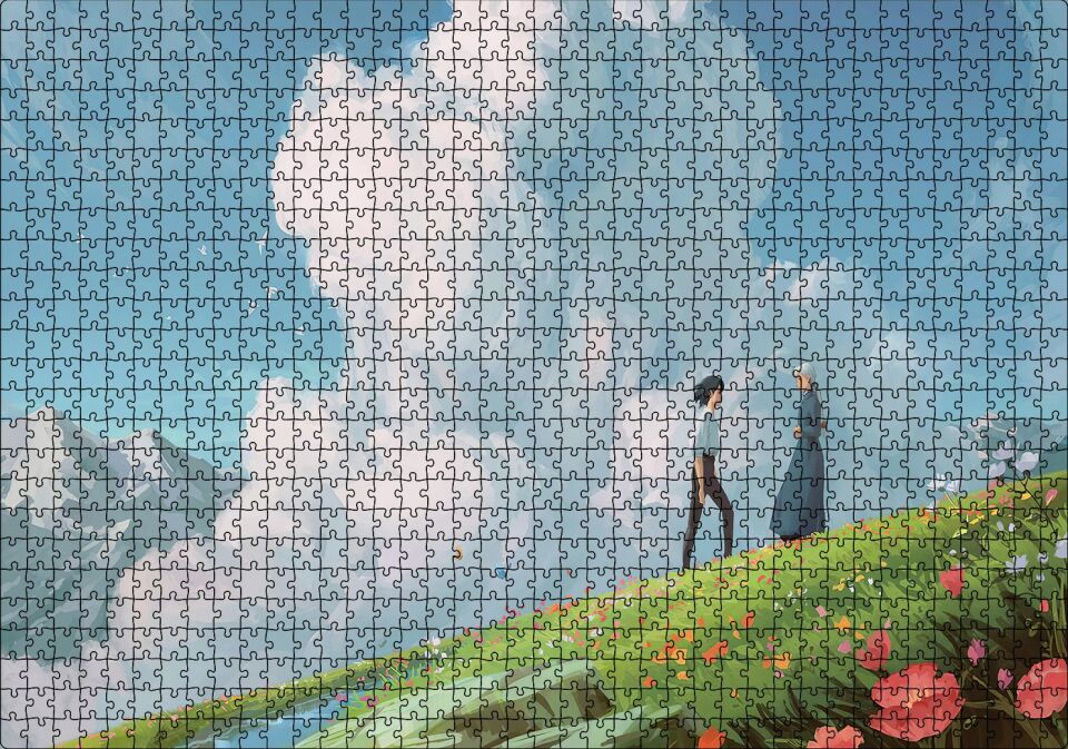 Howls Moving Castle Aşıklar Çiçekler Bulut Görseli Puzzle Yapboz MDF Ahşap 1000 Parça 49 cm X 68 cm