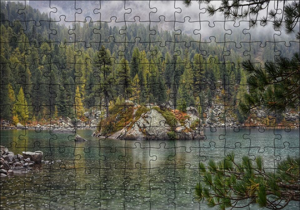 Orman Göl Ada ve Yağmur Damlaları Puzzle Yapboz MDF Ahşap