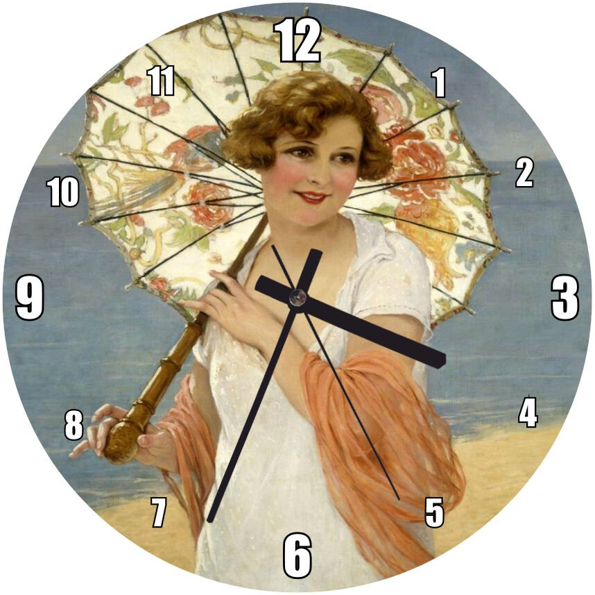 François Martin Kavel Fransa 1861 1931  Catherine La Rose  Yaz Şemsiyeli Mdf Ahşap Duvar Saati 50 cm Çap