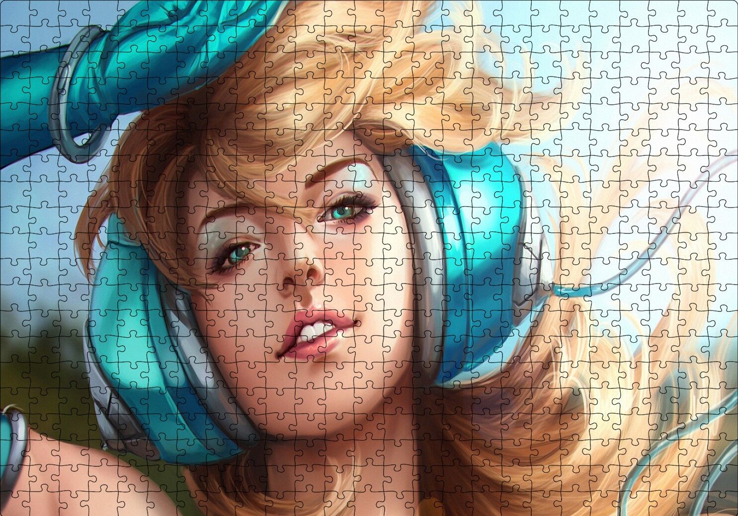 Kulaklıklı Sarışın Kadın İllüstrasyon Puzzle Yapboz MDF Ahşap 500 Parça 49 cm X 68 cm