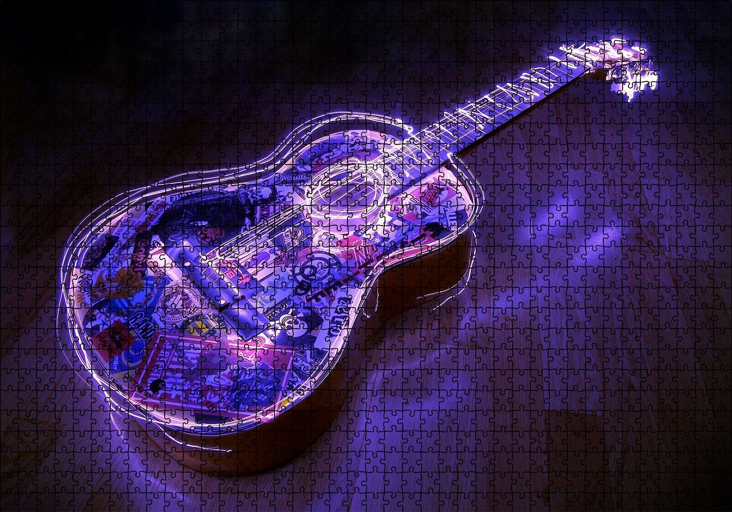 Parkede Klasik Gitar Neon Karışık Desenli Puzzle Yapboz MDF Ahşap 1000 Parça 49 cm X 68 cm