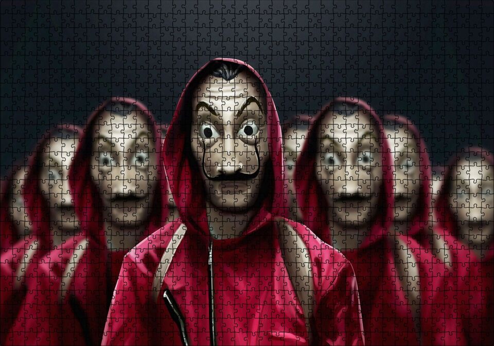 La Casa De Papel Tüm Karakterler Dali Maskeli Puzzle Yapboz MDF Ahşap 1000 Parça 49 cm X 68 cm