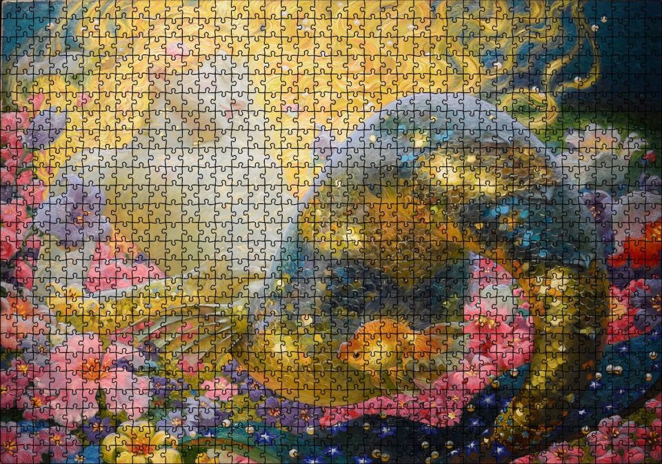 Altın Saçlı Deniz Kızı Çiçekler ve Küçük Japon Balığı Puzzle Yapboz MDF Ahşap 1000 Parça 49 cm X 68 cm