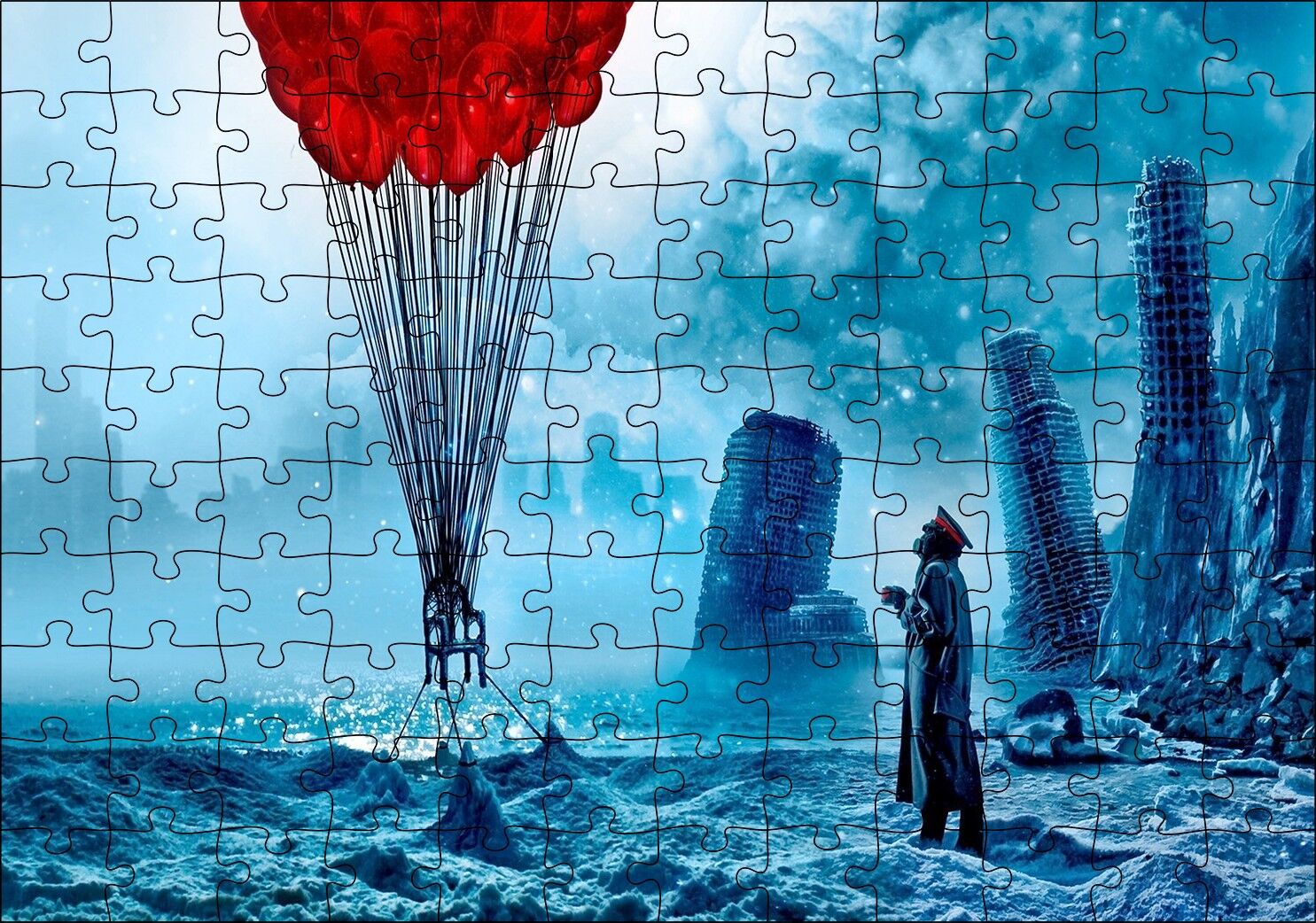 Kıyamet Sonrası Romantik Kırmızı Balonlar Puzzle Yapboz MDF Ahşap