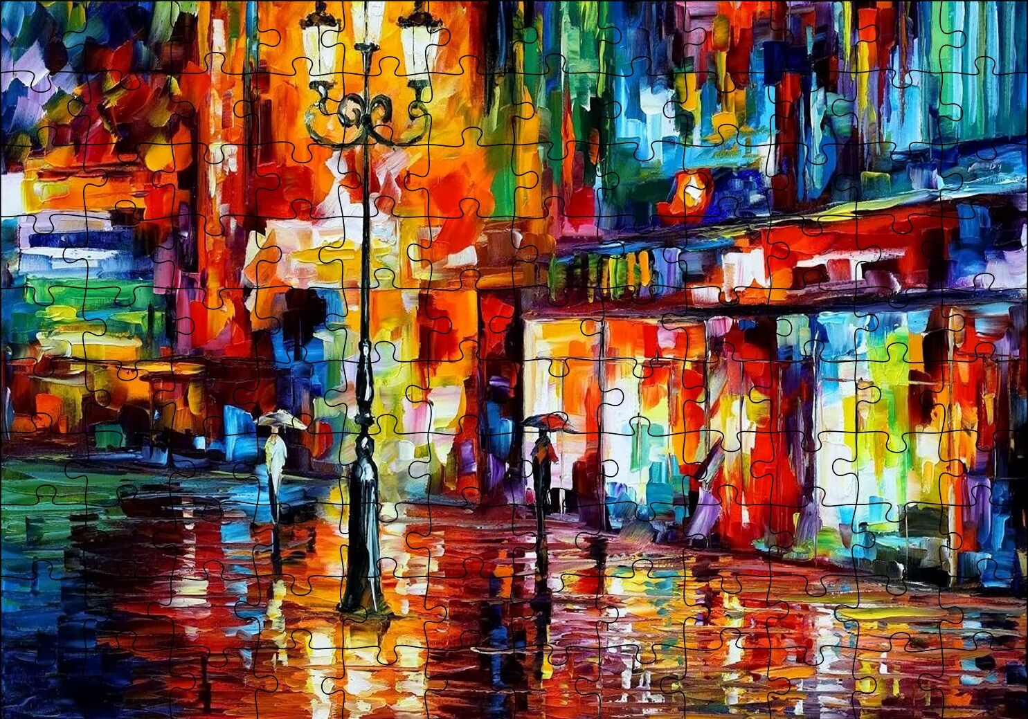 Yağmur Mağaza Işıkları ve Sokak Lambası Yağlı Boya Puzzle Yapboz MDF Ahşap