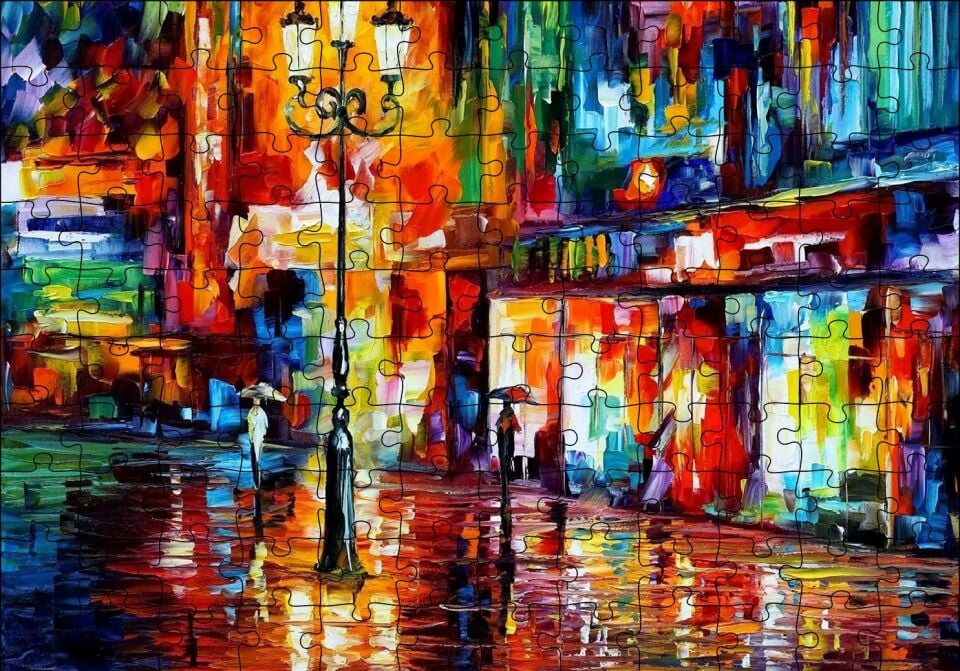 Yağmur Mağaza Işıkları ve Sokak Lambası Yağlı Boya Puzzle Yapboz MDF Ahşap