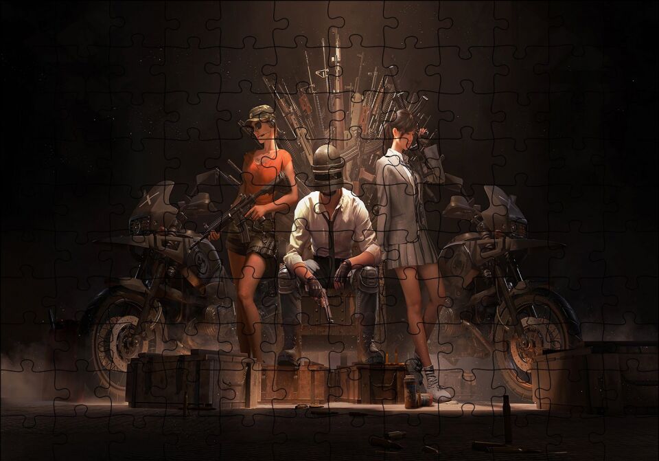 PUBG Karakterler Silahlar ve Araçlar Karanlık Arka Plan Puzzle Yapboz MDF Ahşap 120 Parça 24 cm X 34 cm