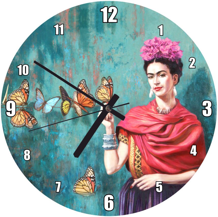 Frida Kahlo Kelebek Zinciri Görseli Mdf Ahşap Duvar Saati 30 cm Çap