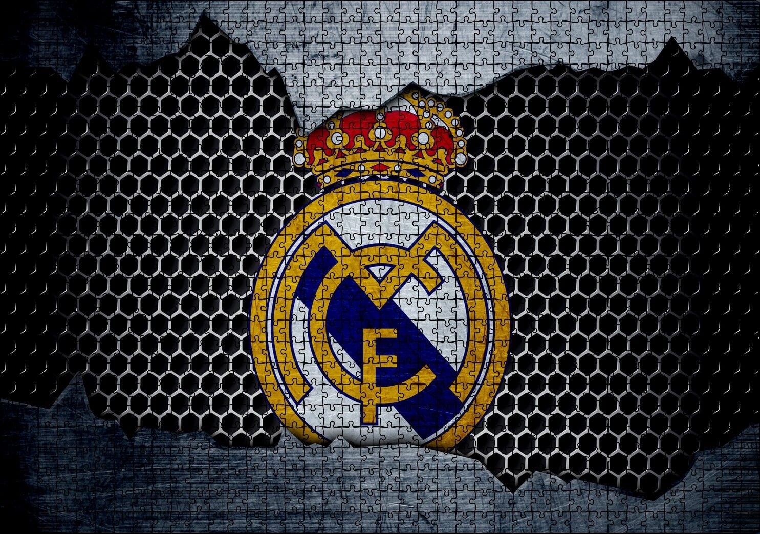 Real Madrid Logo Gri Siyah Petek Zemin Puzzle Yapboz MDF Ahşap 1000 Parça 49 cm X 68 cm