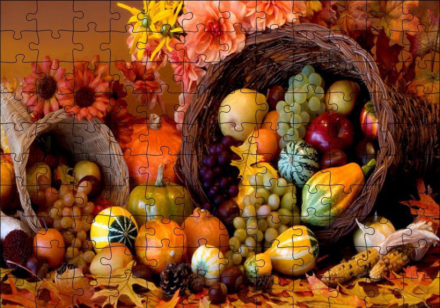 Sepetler ve Dökülen Karışık Meyveler Puzzle Yapboz MDF Ahşap 120 Parça 24 cm X 34 cm