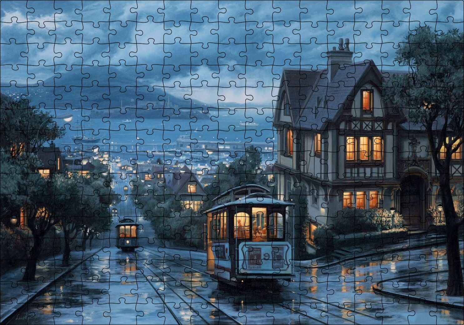 Yağmurlu Sokaklar Tramvaylar ve Gece Işıkları Puzzle Yapboz MDF Ahşap 255 Parça 34 cm X 49 cm