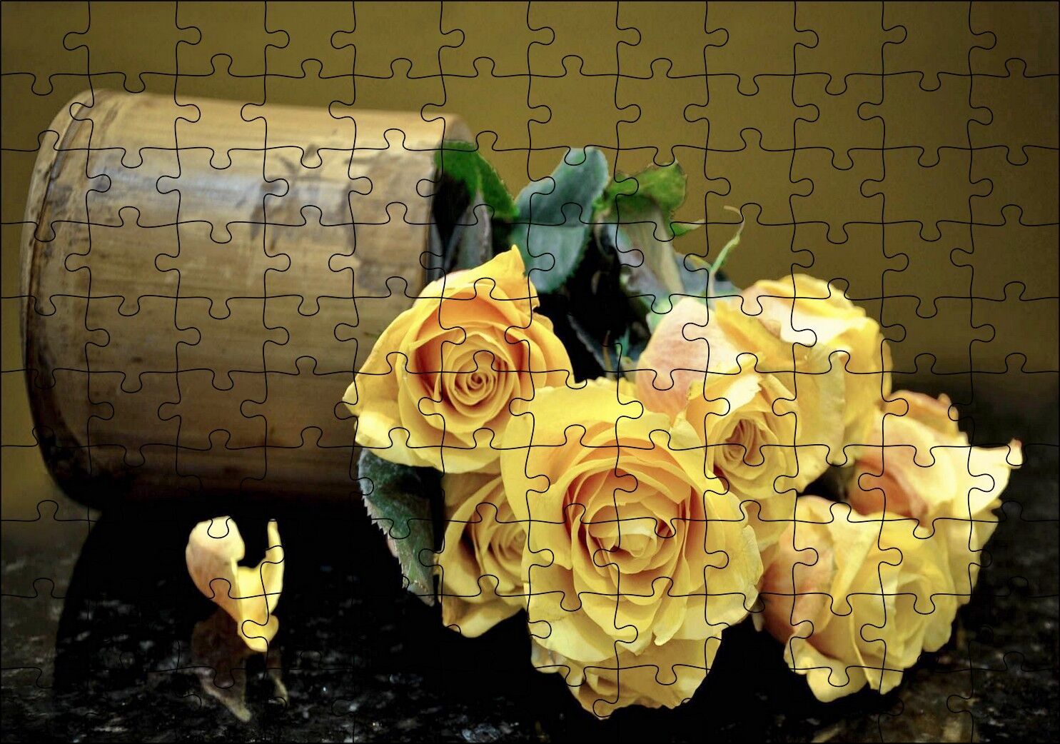 Ahşap Vazodan Dökülen Sarı Güller Puzzle Yapboz MDF Ahşap