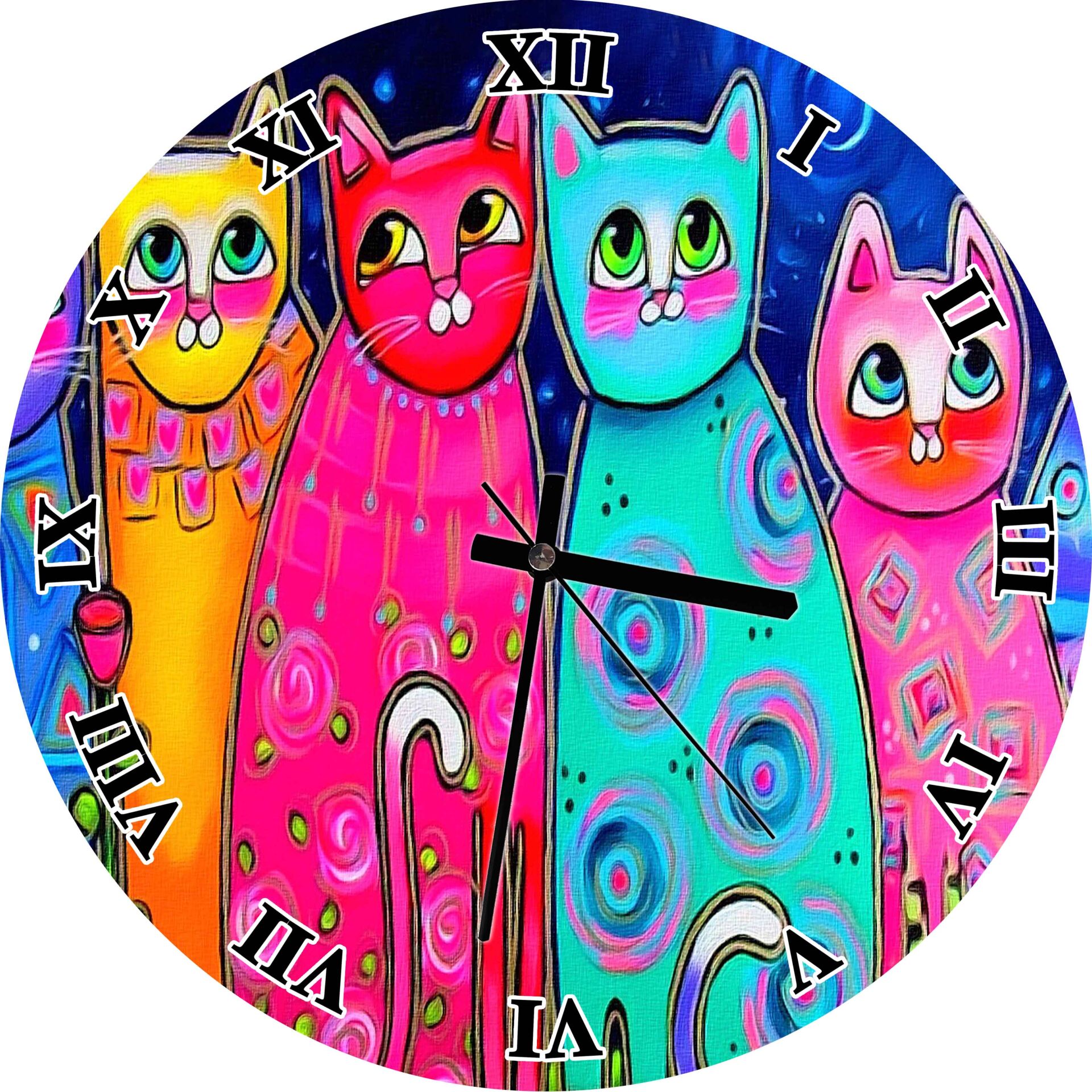 Renkli Kediler Görseli Mdf Ahşap Duvar Saati