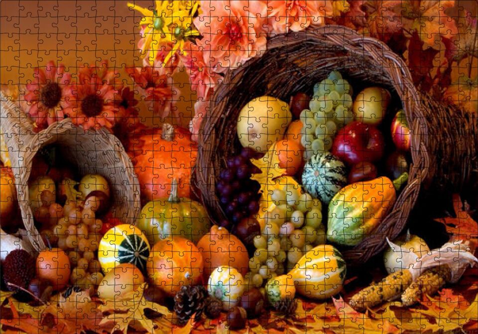 Sepetler ve Dökülen Karışık Meyveler Puzzle Yapboz MDF Ahşap 500 Parça 49 cm X 68 cm