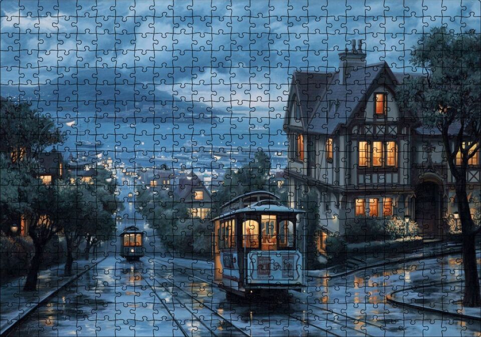Yağmurlu Sokaklar Tramvaylar ve Gece Işıkları Puzzle Yapboz MDF Ahşap 500 Parça 49 cm X 68 cm