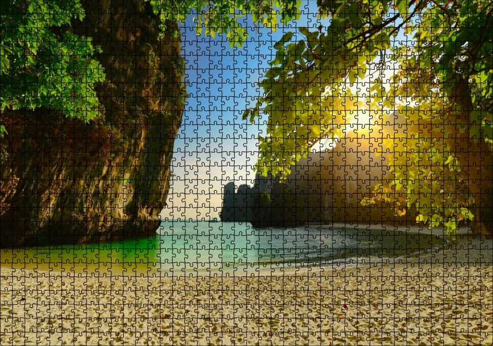 Saklı Sahilde Günbatımı Puzzle Yapboz MDF Ahşap 1000 Parça 49 cm X 68 cm