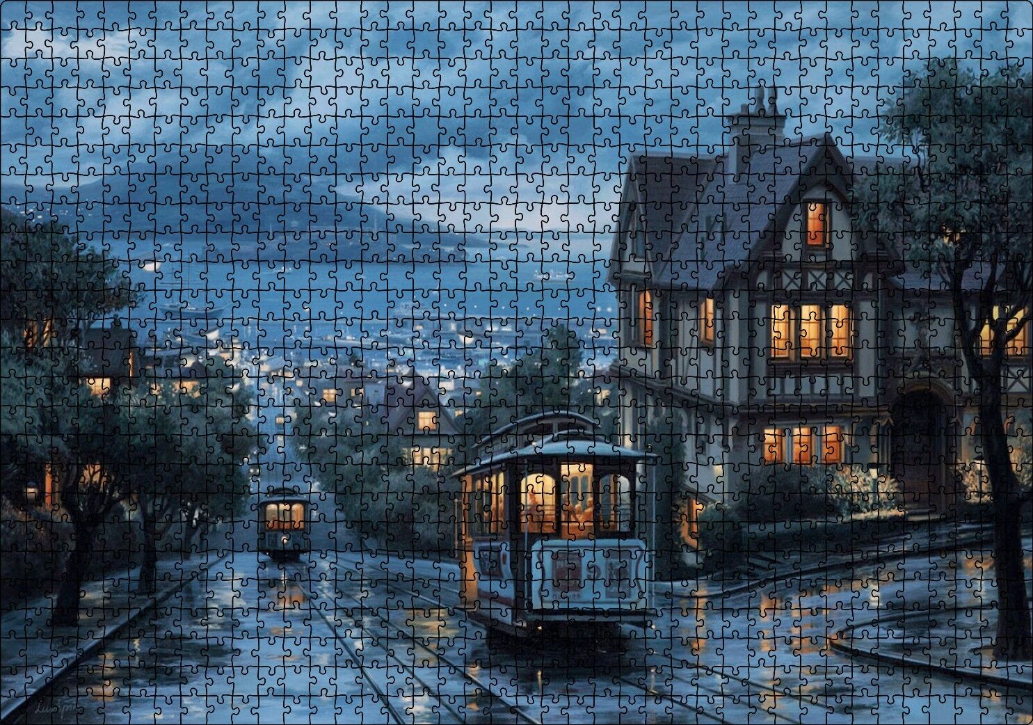 Yağmurlu Sokaklar Tramvaylar ve Gece Işıkları Puzzle Yapboz MDF Ahşap 1000 Parça 49 cm X 68 cm