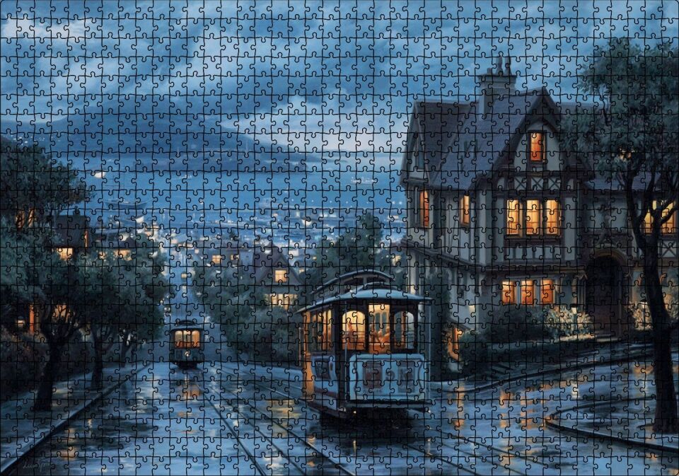 Yağmurlu Sokaklar Tramvaylar ve Gece Işıkları Puzzle Yapboz MDF Ahşap 1000 Parça 49 cm X 68 cm