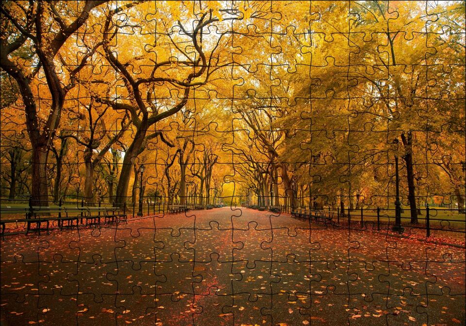 Sonbahar Sarı Kızıl Yapraklar Ağaçlı Yol Puzzle Yapboz MDF Ahşap 120 Parça 24 cm X 34 cm