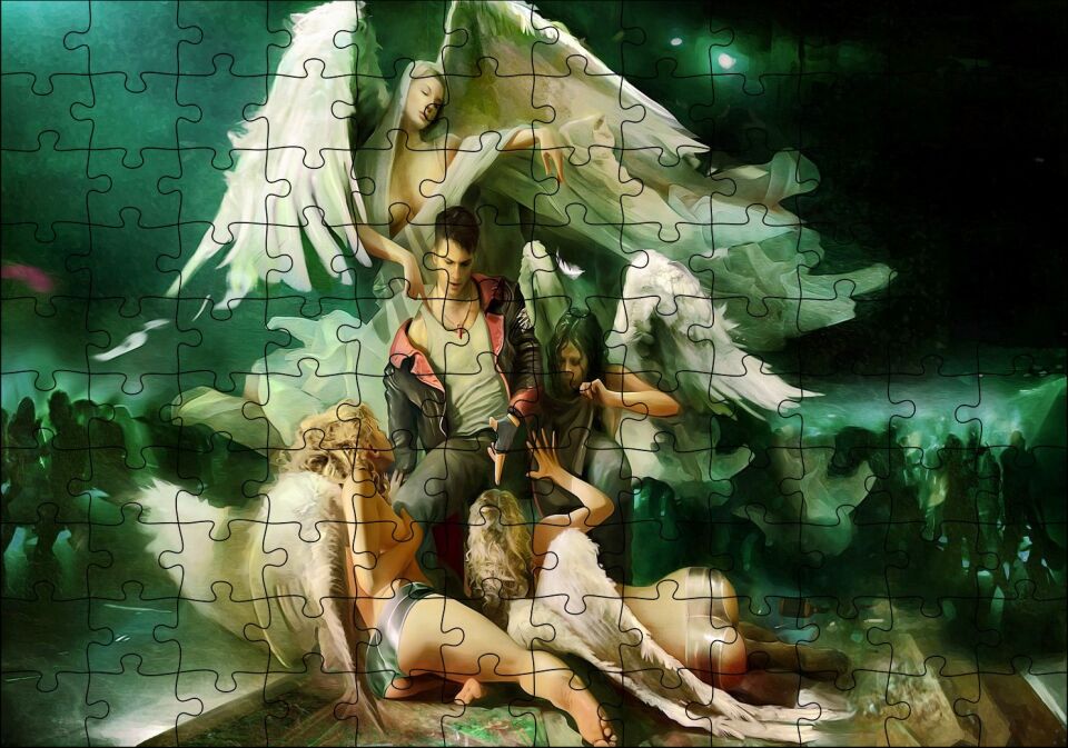 Yakışıklı Genç ve Etrafında Pervane Melekler Puzzle Yapboz MDF Ahşap 120 Parça 24 cm X 34 cm