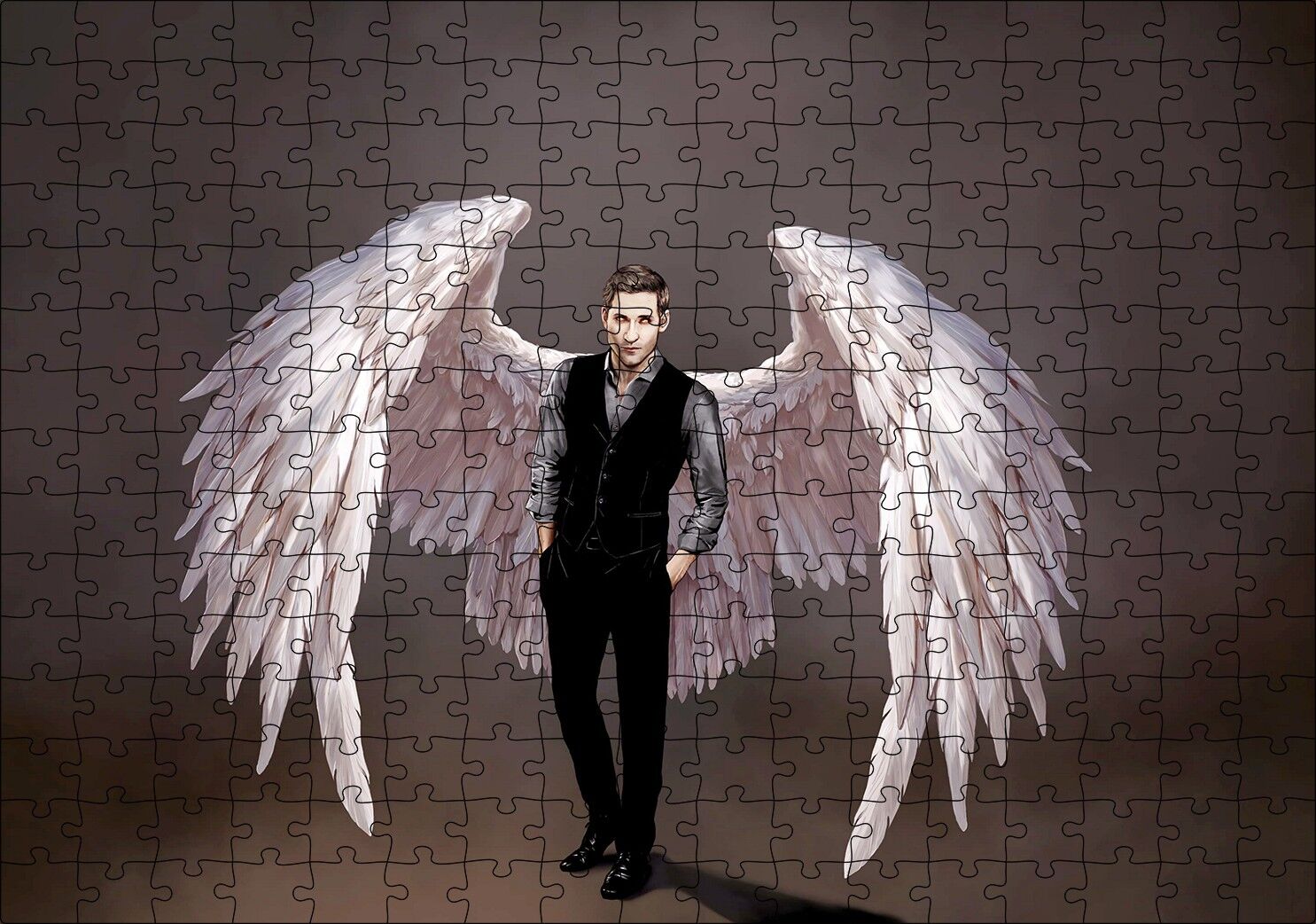 Lucifer ve Ak Kanatları Dijital Çizim Puzzle Yapboz MDF Ahşap 255 Parça 34 cm X 49 cm