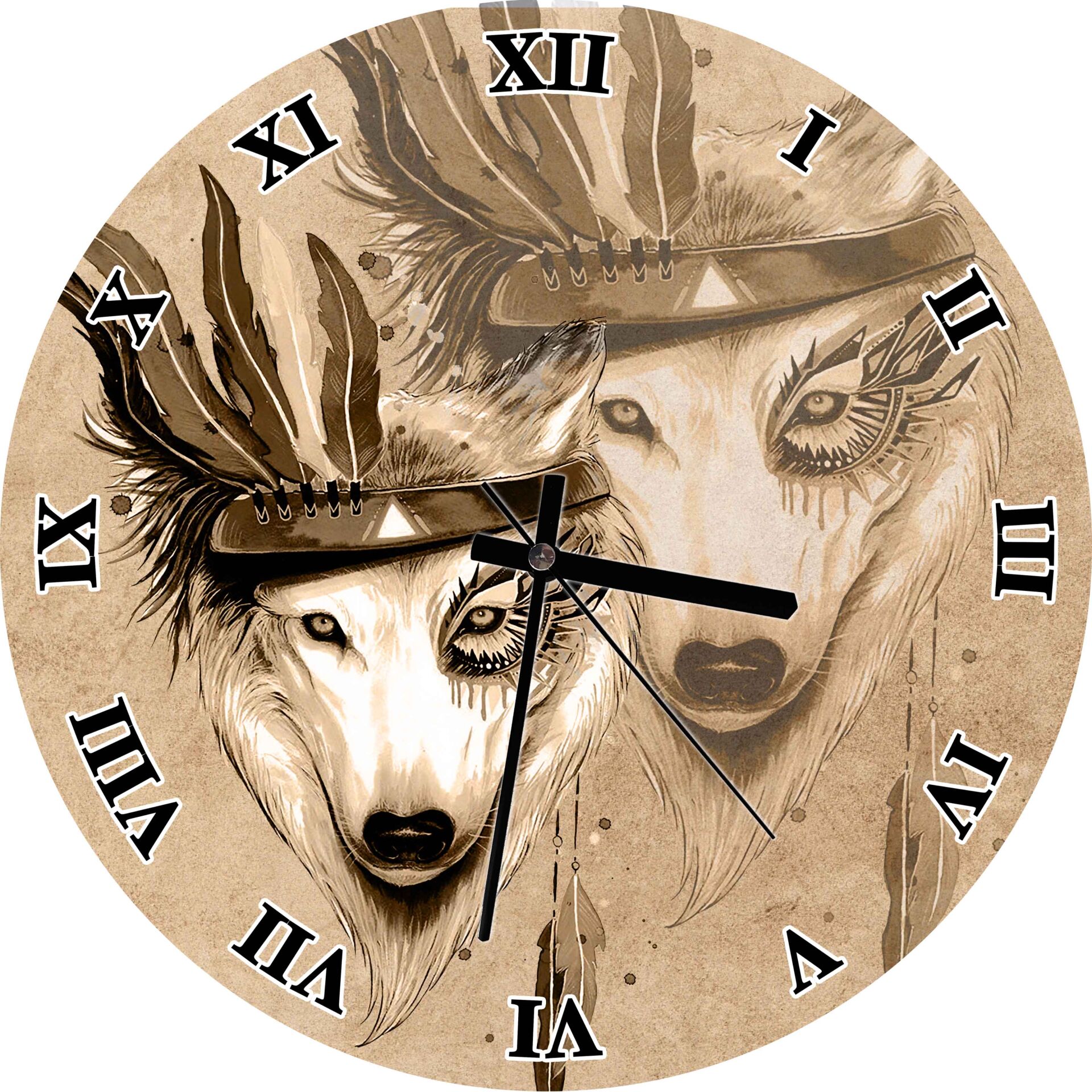 Kızılderili Figürlü Kurt Teması Mdf Ahşap Duvar Saati