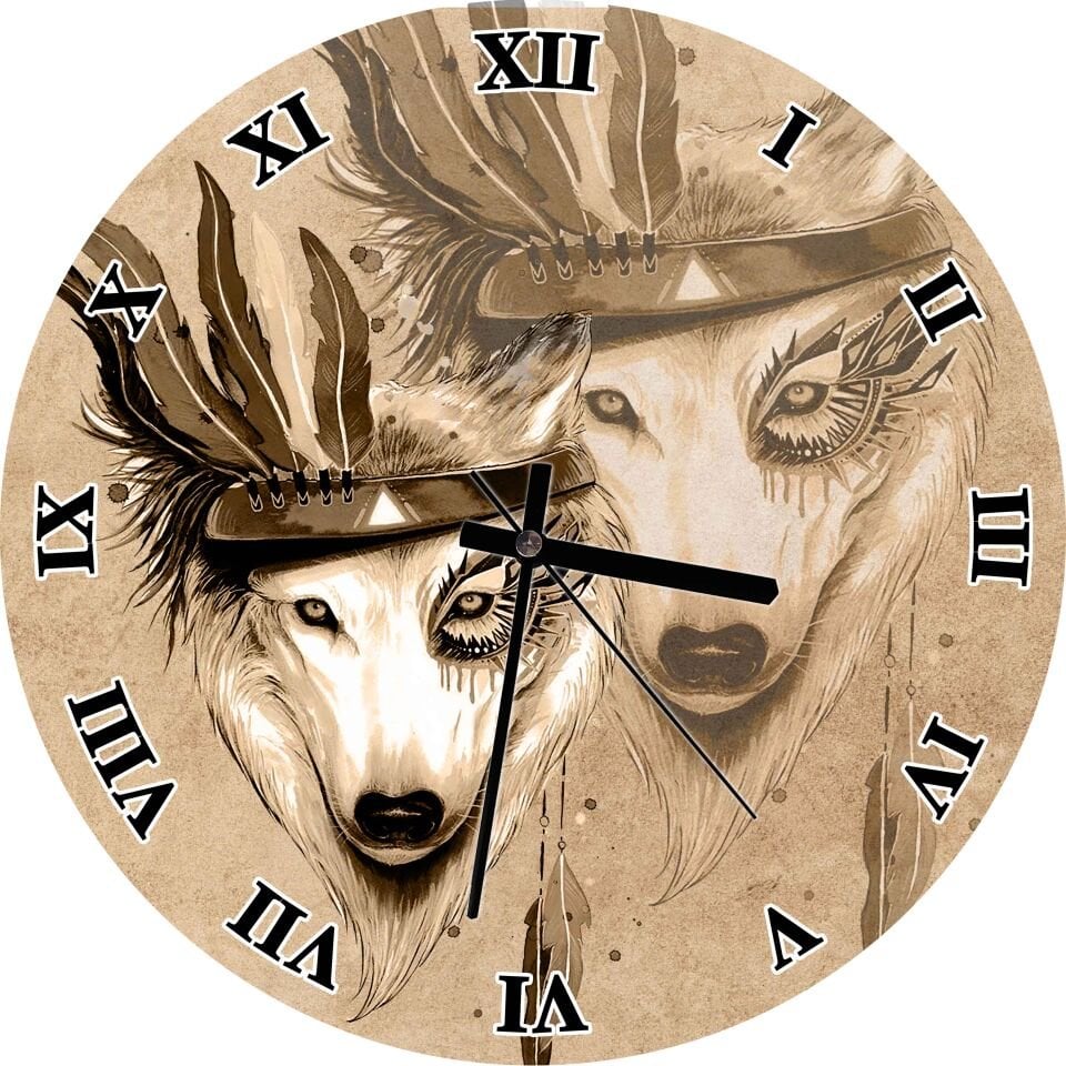 Kızılderili Figürlü Kurt Teması Mdf Ahşap Duvar Saati