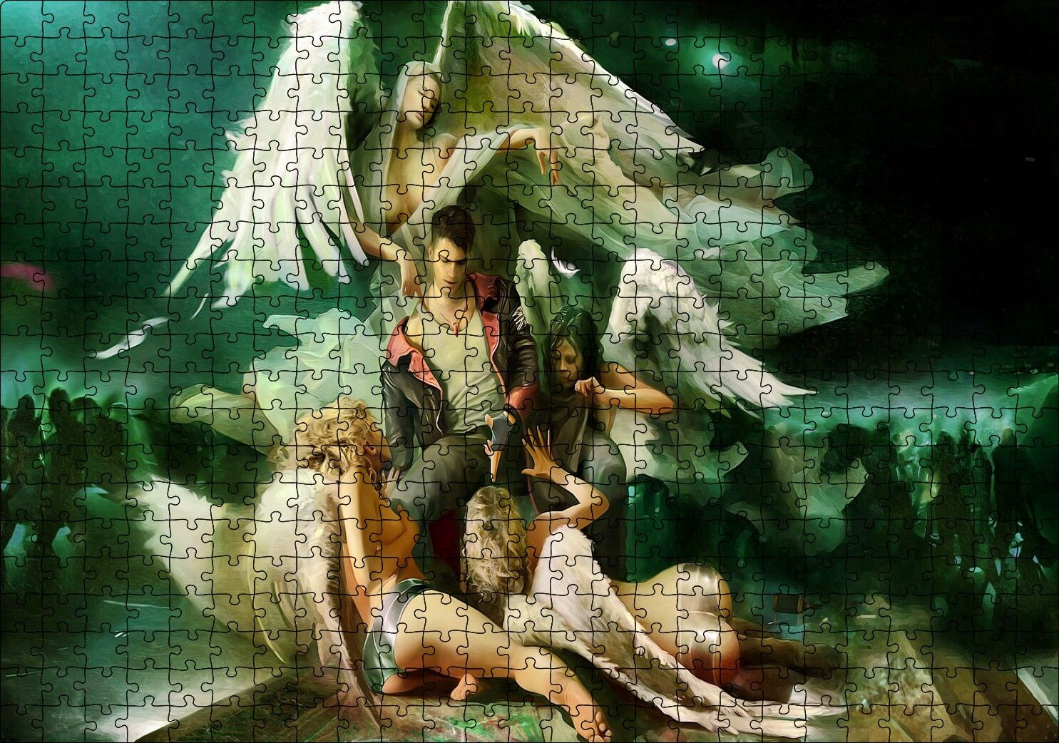 Yakışıklı Genç ve Etrafında Pervane Melekler Puzzle Yapboz MDF Ahşap 500 Parça 49 cm X 68 cm