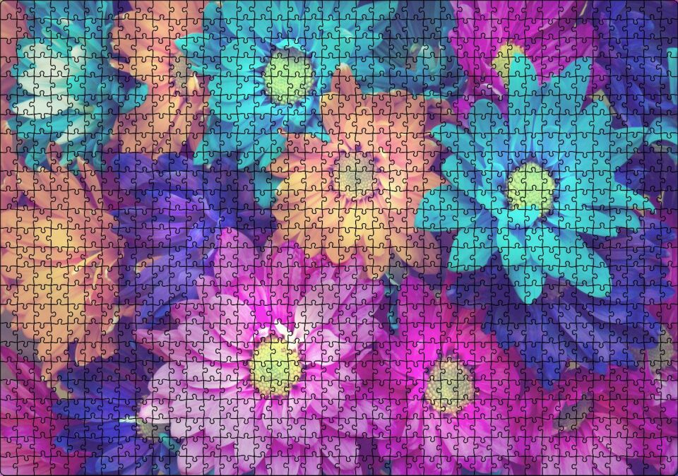Rengarenk Taç Yapraklı Çiçekler Bir Arada Puzzle Yapboz MDF Ahşap 1000 Parça 49 cm X 68 cm