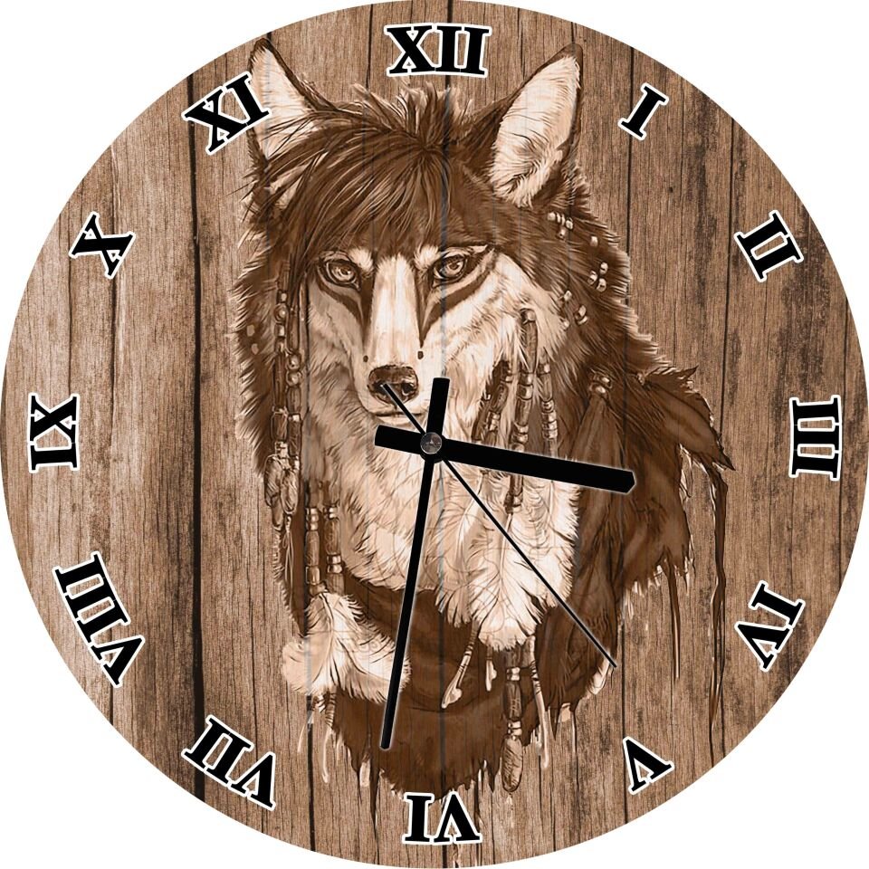 Kızılderili Figürlü Kurt Ahşap Zeminde Mdf Ahşap Duvar Saati
