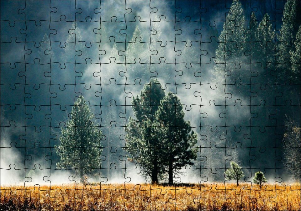 Sarı Çayırlar, Sık Orman ve Sisler Puzzle Yapboz MDF Ahşap 120 Parça 24 cm X 34 cm