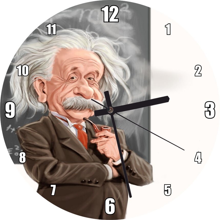 Alber Einstein Karatahta Karikatürize  Mdf Ahşap Duvar Saati 50 cm Çap