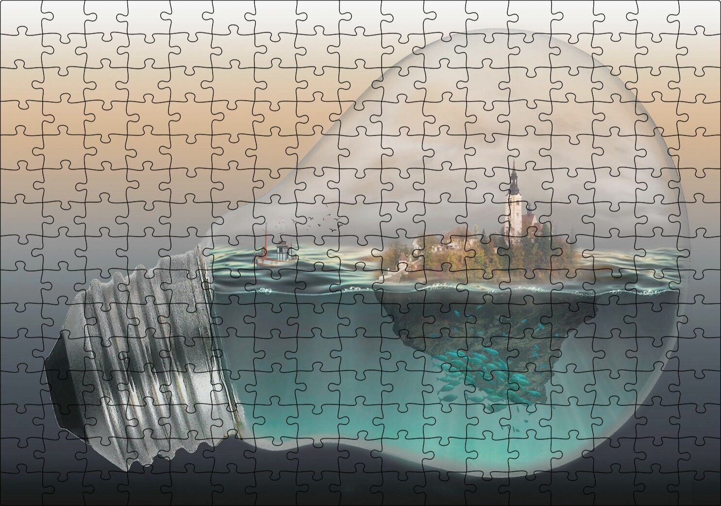 Ampul İçinde Okyanus ve Ada İllüstrasyonu Puzzle Yapboz MDF Ahşap 255 Parça 34 cm X 49 cm