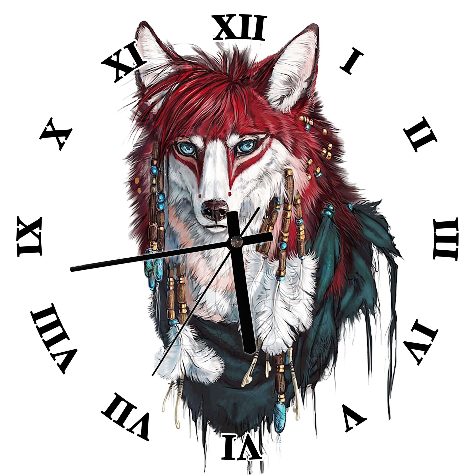 Kızılderili Figürlü Kurt Görseli Mdf Ahşap Duvar Saati