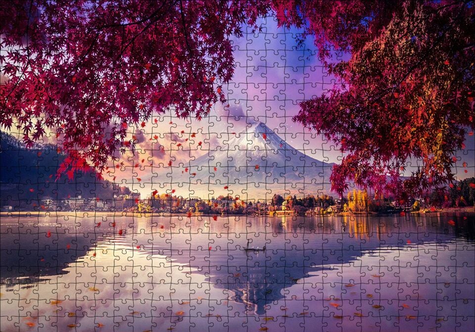 Sonbaharda Göldeki Kayık ve Karlı Zirve Puzzle Yapboz MDF Ahşap 500 Parça 49 cm X 68 cm