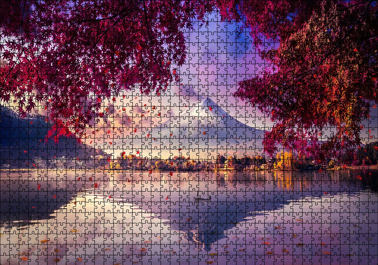 Sonbaharda Göldeki Kayık ve Karlı Zirve Puzzle Yapboz MDF Ahşap 1000 Parça 49 cm X 68 cm