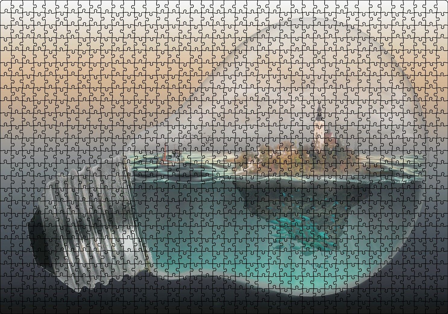 Ampul İçinde Okyanus ve Ada İllüstrasyonu Puzzle Yapboz MDF Ahşap 1000 Parça 49 cm X 68 cm