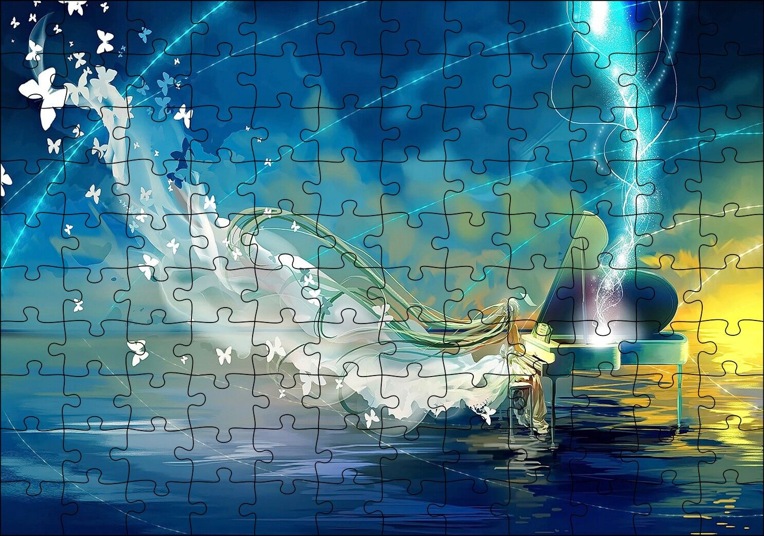 Piyanist Kız ve Kelebeklerden Elbisesi Puzzle Yapboz MDF Ahşap