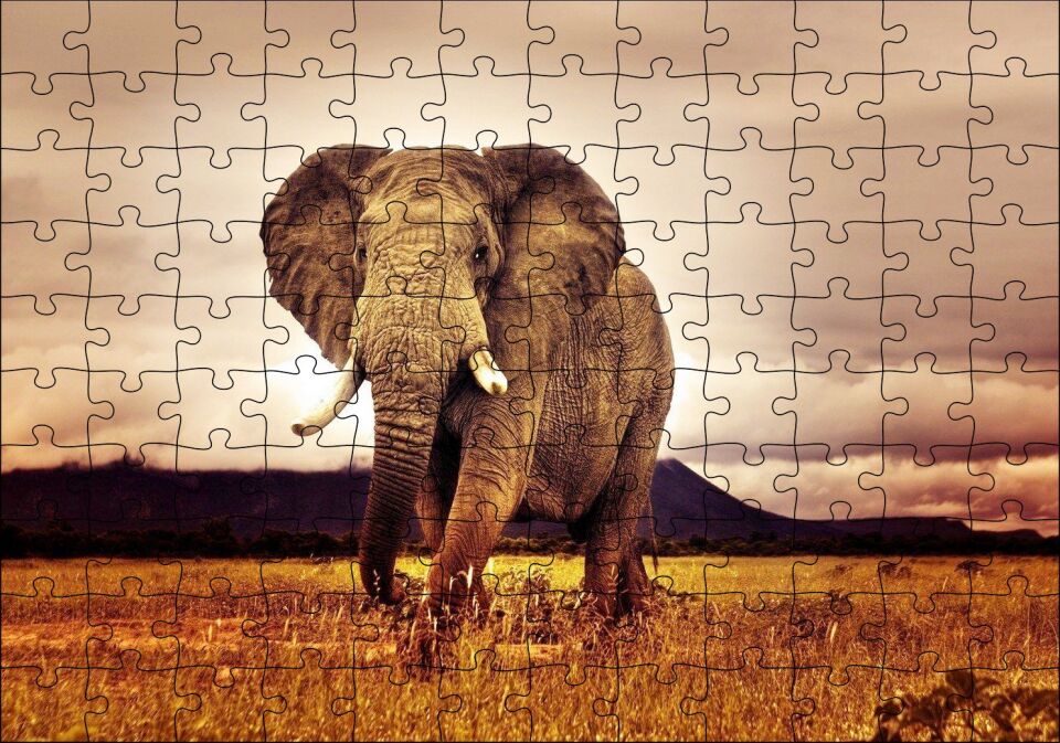 Savana'da Günbatımı ve Erkek Fil Puzzle Yapboz MDF Ahşap 120 Parça 24 cm X 34 cm
