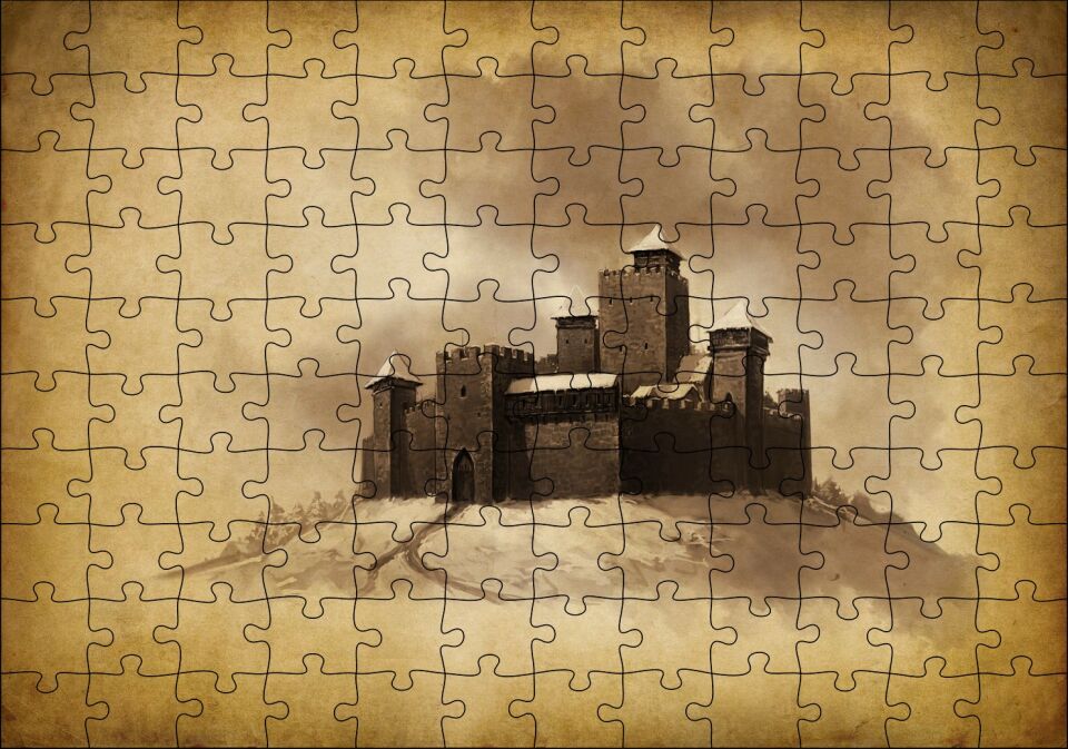 Kara Kalem Sanat Çalışması Şato Görseli Puzzle Yapboz MDF Ahşap 120 Parça 24 cm X 34 cm