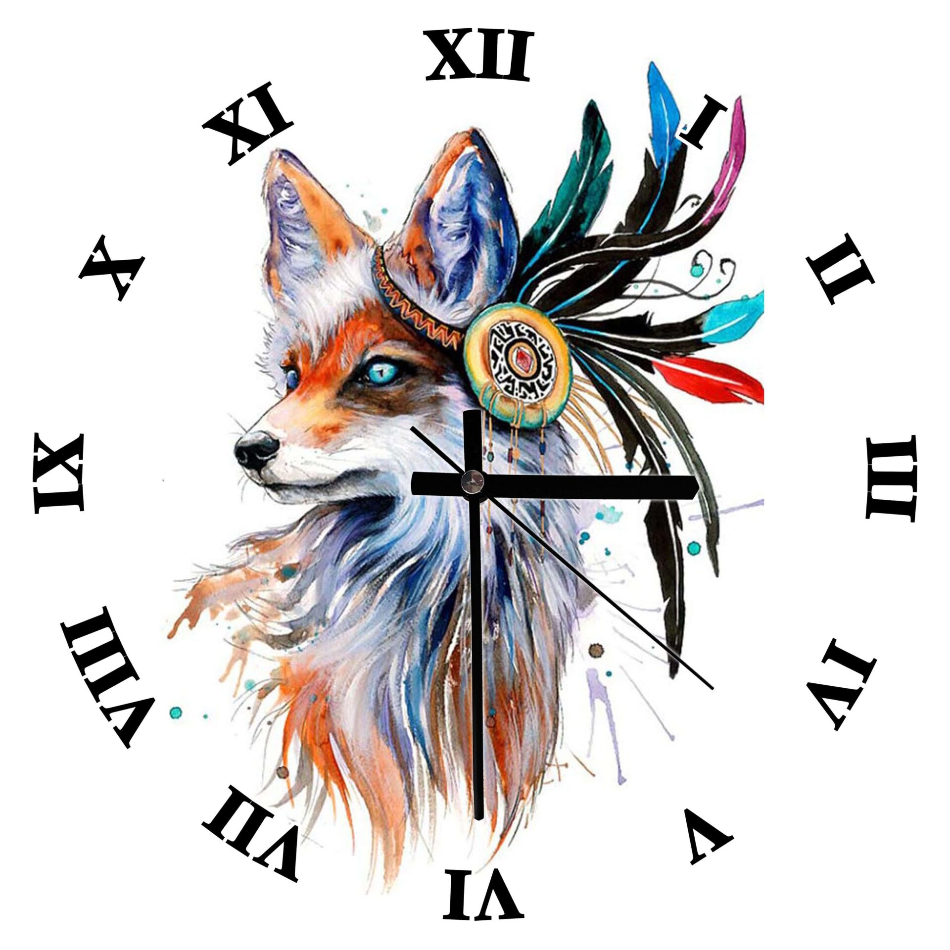 Kızılderili Figürlü Tilki Görseli Mdf Ahşap Duvar Saati